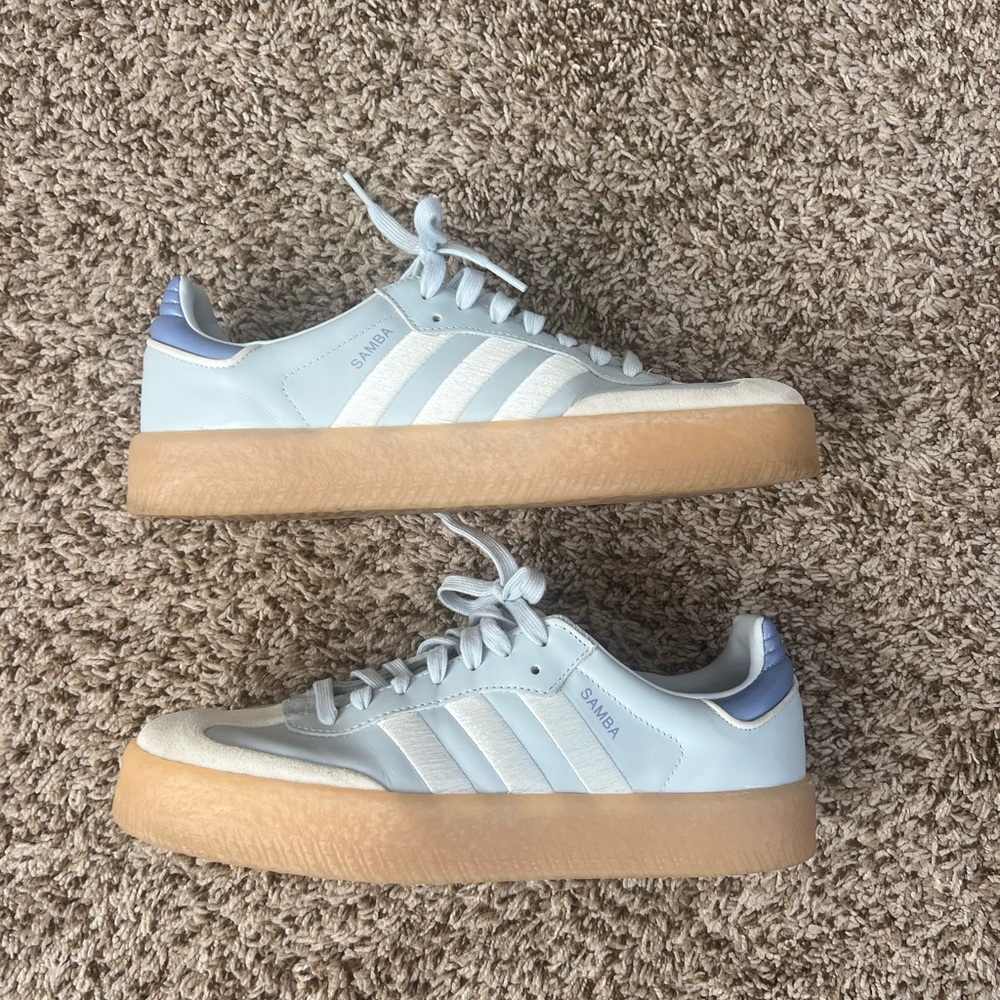 Adidas Women's Samba Sneakers - Light Blue and White with Tan Sole